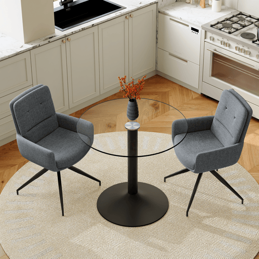 Conjunto de mesa e cadeiras jantar 3 peças - Mesa redonda de vidro temperado e 2 cadeiras giratórias 360° em tecido - Preto e cinza Conjunto de mesa e cadeiras jantar 3 peças - Mesa redonda de vidro temperado e 2 cadeiras giratórias 360° em tecido - Preto e cinza