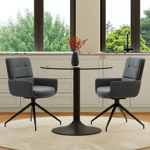 Conjunto de mesa e cadeiras jantar 3 peças - Mesa redonda de vidro temperado e 2 cadeiras giratórias 360° em tecido - Preto e cinza Conjunto de mesa e cadeiras jantar 3 peças - Mesa redonda de vidro temperado e 2 cadeiras giratórias 360° em tecido - Preto e cinza