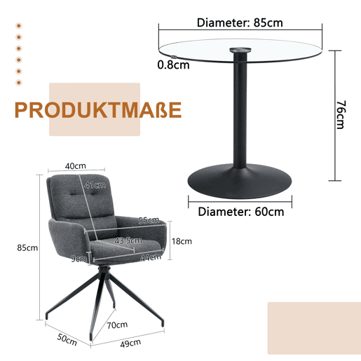 Conjunto de mesa e cadeiras jantar 3 peças - Mesa redonda de vidro temperado e 2 cadeiras giratórias 360° em tecido - Preto e cinza Conjunto de mesa e cadeiras jantar 3 peças - Mesa redonda de vidro temperado e 2 cadeiras giratórias 360° em tecido - Preto e cinza