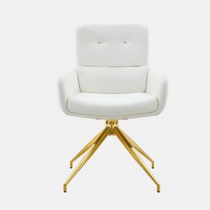 Conjunto mesa e cadeiras jantar 5 peças - Mesa redonda de vidro temperado Ø85 cm com estrutura metálica e 4 cadeiras PU branco dourado giratórias 360° - Design luxo leve moderno