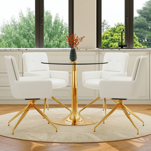 Conjunto mesa e cadeiras jantar 5 peças - Mesa redonda de vidro temperado Ø85 cm com estrutura metálica e 4 cadeiras PU branco dourado giratórias 360° - Design luxo leve moderno Conjunto mesa e cadeiras jantar 5 peças - Mesa redonda de vidro temperado Ø85 cm com estrutura metálica e 4 cadeiras PU branco dourado giratórias 360° - Design luxo leve moderno
