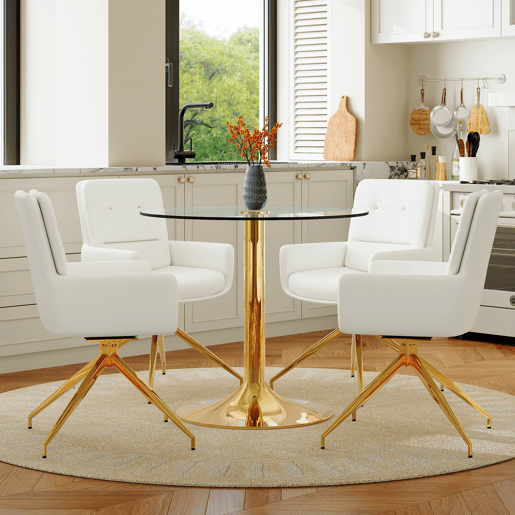 Conjunto mesa e cadeiras jantar 5 peças - Mesa redonda de vidro temperado Ø85 cm com estrutura metálica e 4 cadeiras PU branco dourado giratórias 360° - Design luxo leve moderno Conjunto mesa e cadeiras jantar 5 peças - Mesa redonda de vidro temperado Ø85 cm com estrutura metálica e 4 cadeiras PU branco dourado giratórias 360° - Design luxo leve moderno