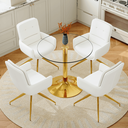 Conjunto mesa e cadeiras jantar 5 peças - Mesa redonda de vidro temperado Ø85 cm com estrutura metálica e 4 cadeiras PU branco dourado giratórias 360° - Design luxo leve moderno Conjunto mesa e cadeiras jantar 5 peças - Mesa redonda de vidro temperado Ø85 cm com estrutura metálica e 4 cadeiras PU branco dourado giratórias 360° - Design luxo leve moderno