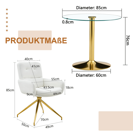 Conjunto mesa e cadeiras jantar 5 peças - Mesa redonda de vidro temperado Ø85 cm com estrutura metálica e 4 cadeiras PU branco dourado giratórias 360° - Design luxo leve moderno Conjunto mesa e cadeiras jantar 5 peças - Mesa redonda de vidro temperado Ø85 cm com estrutura metálica e 4 cadeiras PU branco dourado giratórias 360° - Design luxo leve moderno