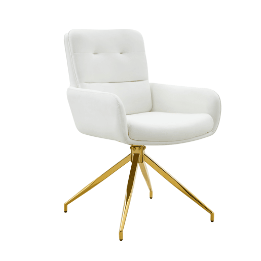 Conjunto mesa e cadeiras jantar 5 peças - Mesa redonda de vidro temperado Ø85 cm com estrutura metálica e 4 cadeiras PU branco dourado giratórias 360° - Design luxo leve moderno Conjunto mesa e cadeiras jantar 5 peças - Mesa redonda de vidro temperado Ø85 cm com estrutura metálica e 4 cadeiras PU branco dourado giratórias 360° - Design luxo leve moderno