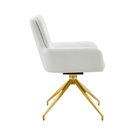 Conjunto mesa e cadeiras jantar 5 peças - Mesa redonda de vidro temperado Ø85 cm com estrutura metálica e 4 cadeiras PU branco dourado giratórias 360° - Design luxo leve moderno Conjunto mesa e cadeiras jantar 5 peças - Mesa redonda de vidro temperado Ø85 cm com estrutura metálica e 4 cadeiras PU branco dourado giratórias 360° - Design luxo leve moderno