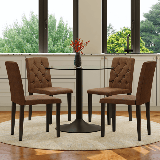 Conjunto mesa e cadeiras jantar 5 peças - Mesa redonda de vidro Ø85 cm com 4 cadeiras de tecido plástico castanho retro, design moderno minimalista - Luxo leve