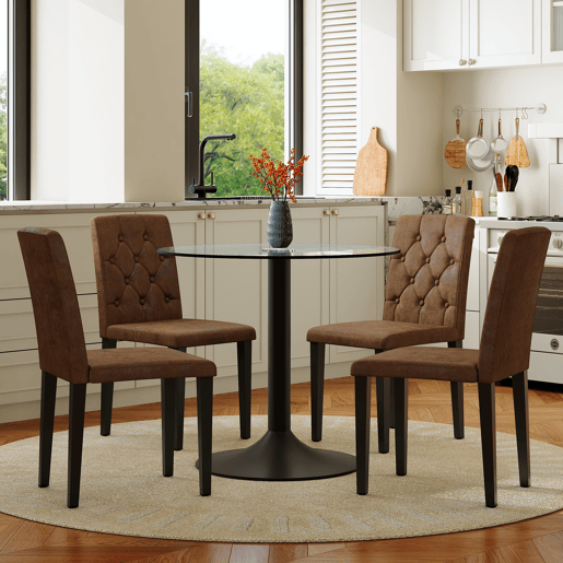 Conjunto mesa e cadeiras jantar 5 peças - Mesa redonda de vidro Ø85 cm com 4 cadeiras de tecido plástico castanho retro, design moderno minimalista - Luxo leve