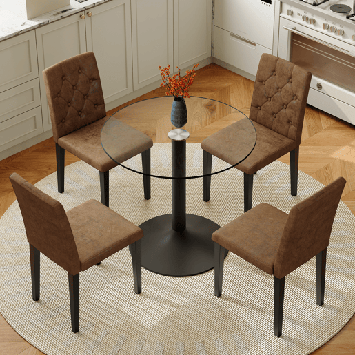 Conjunto mesa e cadeiras jantar 5 peças - Mesa redonda de vidro Ø85 cm com 4 cadeiras de tecido plástico castanho retro, design moderno minimalista - Luxo leve