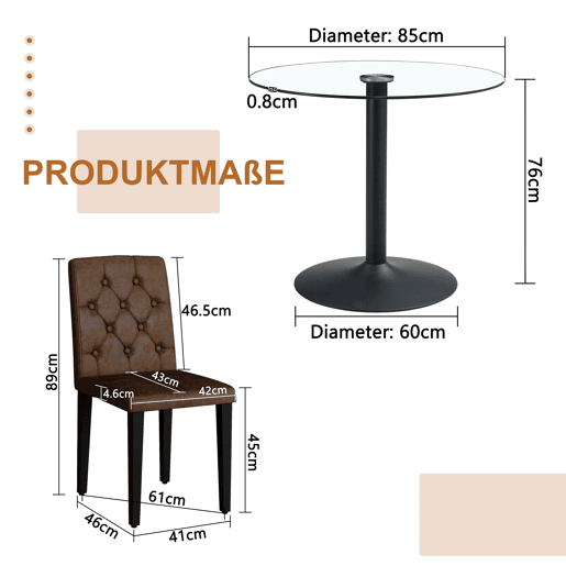 Conjunto mesa e cadeiras jantar 5 peças - Mesa redonda de vidro Ø85 cm com 4 cadeiras de tecido plástico castanho retro, design moderno minimalista - Luxo leve