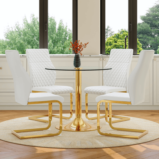 Conjunto mesa y sillas comedor Ø85 cm - Mesa redonda de vidrio templado con estructura dorada y 4 sillas modernas PU con respaldo acolchado - Blanco, dorado y transparente