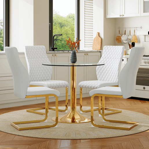 Conjunto mesa y sillas comedor Ø85 cm - Mesa redonda de vidrio templado con estructura dorada y 4 sillas modernas PU con respaldo acolchado - Blanco, dorado y transparente