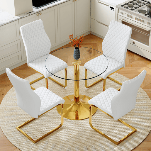 Conjunto mesa y sillas comedor Ø85 cm - Mesa redonda de vidrio templado con estructura dorada y 4 sillas modernas PU con respaldo acolchado - Blanco, dorado y transparente