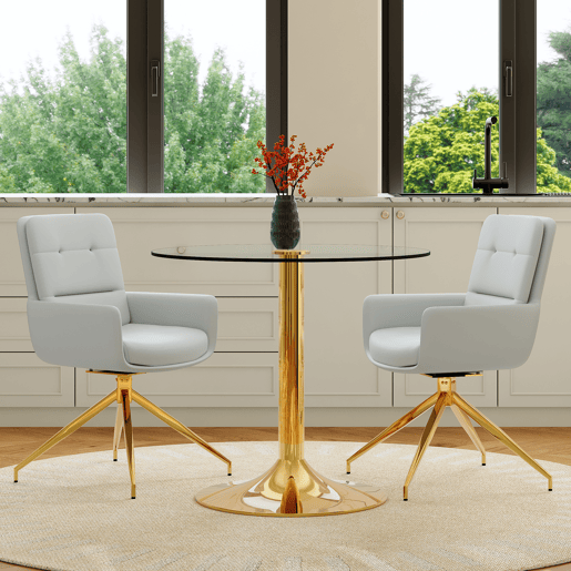 Conjunto mesa e cadeiras jantar 3 peças - Mesa redonda de vidro Ø85 cm com estrutura metálica e 2 cadeiras PU cinza claro giratórias 360° - Design moderno luxo leve