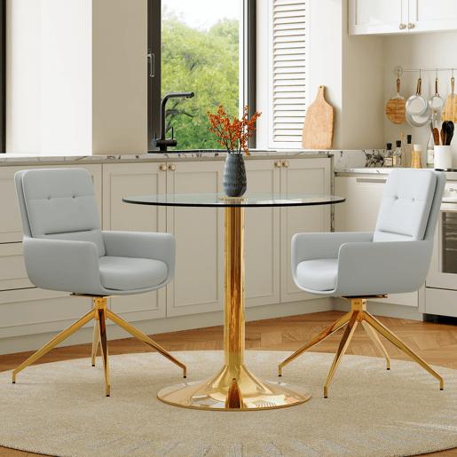 Conjunto mesa e cadeiras jantar 3 peças - Mesa redonda de vidro Ø85 cm com estrutura metálica e 2 cadeiras PU cinza claro giratórias 360° - Design moderno luxo leve