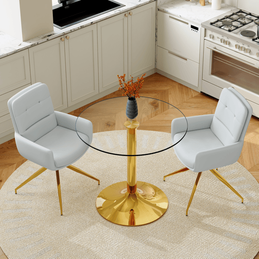 Conjunto mesa e cadeiras jantar 3 peças - Mesa redonda de vidro Ø85 cm com estrutura metálica e 2 cadeiras PU cinza claro giratórias 360° - Design moderno luxo leve