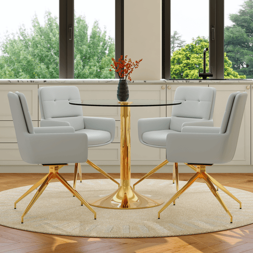 Conjunto mesa e cadeiras jantar 5 peças - Mesa redonda de vidro Ø85 cm com 4 cadeiras PU cinza claro giratórias 360° e estrutura metálica - Luxo leve Conjunto mesa e cadeiras jantar 5 peças - Mesa redonda de vidro Ø85 cm com 4 cadeiras PU cinza claro giratórias 360° e estrutura metálica - Luxo leve