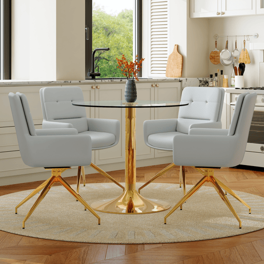 Conjunto mesa e cadeiras jantar 5 peças - Mesa redonda de vidro Ø85 cm com 4 cadeiras PU cinza claro giratórias 360° e estrutura metálica - Luxo leve Conjunto mesa e cadeiras jantar 5 peças - Mesa redonda de vidro Ø85 cm com 4 cadeiras PU cinza claro giratórias 360° e estrutura metálica - Luxo leve