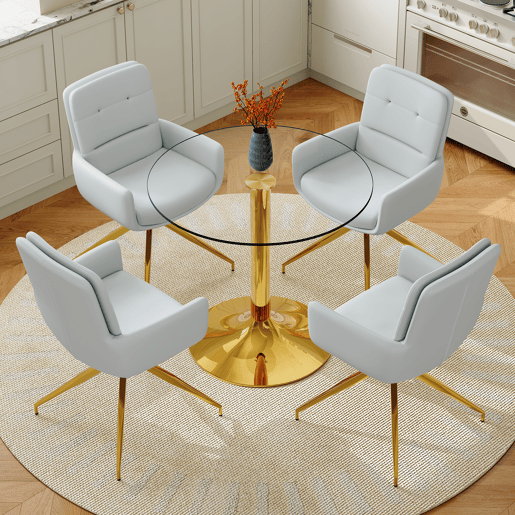 Conjunto mesa e cadeiras jantar 5 peças - Mesa redonda de vidro Ø85 cm com 4 cadeiras PU cinza claro giratórias 360° e estrutura metálica - Luxo leve Conjunto mesa e cadeiras jantar 5 peças - Mesa redonda de vidro Ø85 cm com 4 cadeiras PU cinza claro giratórias 360° e estrutura metálica - Luxo leve