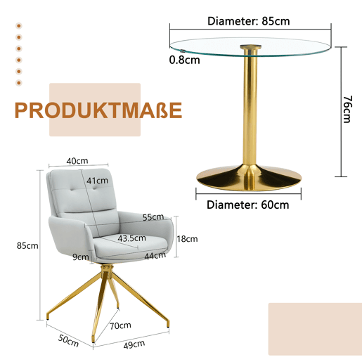 Conjunto mesa e cadeiras jantar 5 peças - Mesa redonda de vidro Ø85 cm com 4 cadeiras PU cinza claro giratórias 360° e estrutura metálica - Luxo leve Conjunto mesa e cadeiras jantar 5 peças - Mesa redonda de vidro Ø85 cm com 4 cadeiras PU cinza claro giratórias 360° e estrutura metálica - Luxo leve