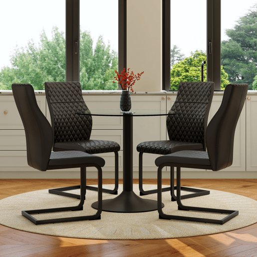 Conjunto mesa e cadeiras jantar 5 peças - Mesa redonda vidro Ø85 cm com 4 cadeiras PU pretas de encosto alto e capitonê losango - Elegante Conjunto mesa e cadeiras jantar 5 peças - Mesa redonda vidro Ø85 cm com 4 cadeiras PU pretas de encosto alto e capitonê losango - Elegante