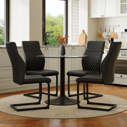 Conjunto mesa e cadeiras jantar 5 peças - Mesa redonda vidro Ø85 cm com 4 cadeiras PU pretas de encosto alto e capitonê losango - Elegante Conjunto mesa e cadeiras jantar 5 peças - Mesa redonda vidro Ø85 cm com 4 cadeiras PU pretas de encosto alto e capitonê losango - Elegante