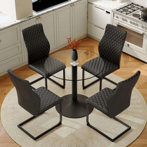 Conjunto mesa e cadeiras jantar 5 peças - Mesa redonda vidro Ø85 cm com 4 cadeiras PU pretas de encosto alto e capitonê losango - Elegante Conjunto mesa e cadeiras jantar 5 peças - Mesa redonda vidro Ø85 cm com 4 cadeiras PU pretas de encosto alto e capitonê losango - Elegante