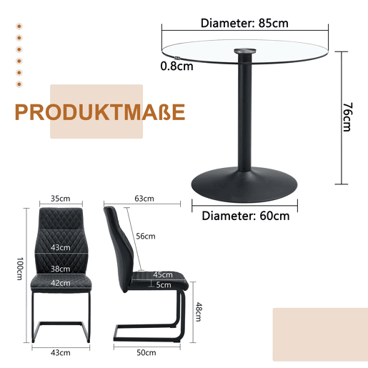 Conjunto mesa e cadeiras jantar 5 peças - Mesa redonda vidro Ø85 cm com 4 cadeiras PU pretas de encosto alto e capitonê losango - Elegante Conjunto mesa e cadeiras jantar 5 peças - Mesa redonda vidro Ø85 cm com 4 cadeiras PU pretas de encosto alto e capitonê losango - Elegante