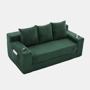 Sofá de 3 lugares u2013 algodão e linho, porta-copos, bolsos laterais e almofadas tecidas u2013 Verde esmeralda
