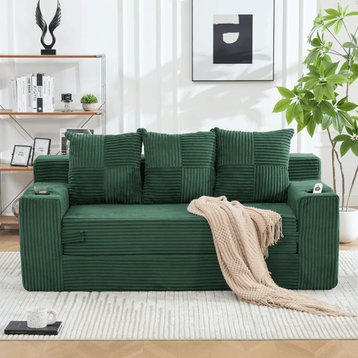 Sofá de 3 lugares u2013 algodão e linho, porta-copos, bolsos laterais e almofadas tecidas u2013 Verde esmeralda Sofá de 3 lugares u2013 algodão e linho, porta-copos, bolsos laterais e almofadas tecidas u2013 Verde esmeralda