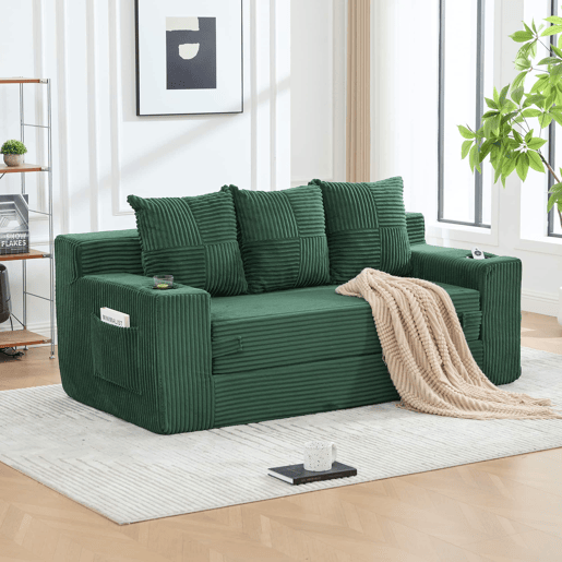Sofá de 3 lugares u2013 algodão e linho, porta-copos, bolsos laterais e almofadas tecidas u2013 Verde esmeralda Sofá de 3 lugares u2013 algodão e linho, porta-copos, bolsos laterais e almofadas tecidas u2013 Verde esmeralda