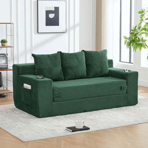 Sofá de 3 lugares u2013 algodão e linho, porta-copos, bolsos laterais e almofadas tecidas u2013 Verde esmeralda Sofá de 3 lugares u2013 algodão e linho, porta-copos, bolsos laterais e almofadas tecidas u2013 Verde esmeralda