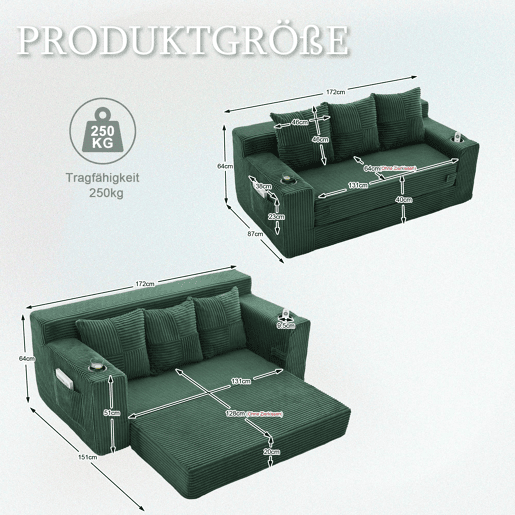 Sofá de 3 lugares u2013 algodão e linho, porta-copos, bolsos laterais e almofadas tecidas u2013 Verde esmeralda Sofá de 3 lugares u2013 algodão e linho, porta-copos, bolsos laterais e almofadas tecidas u2013 Verde esmeralda