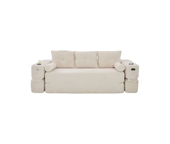 Sofá cama 3 plazas - de pana con espuma de alta densidad, núcleo de muelles, cojines memory, portavasos y bolsillos - beige