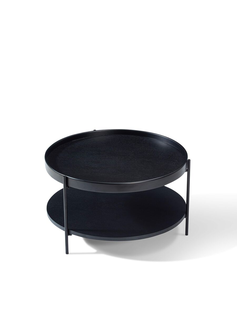 Mesa de centro redonda 69×69×38 cm - 2 niveles, madera maciza y metal - negro