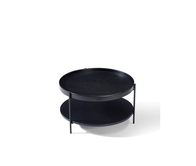 Mesa de centro redonda 69×69×38 cm - 2 niveles, madera maciza y metal - negro