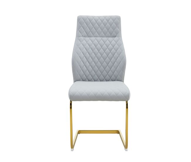 Conjunto mesa y sillas comedor ø85 cm - mesa redonda de vidrio templado con estructura dorada y 2 sillas pu con respaldo romboidal - gris claro,