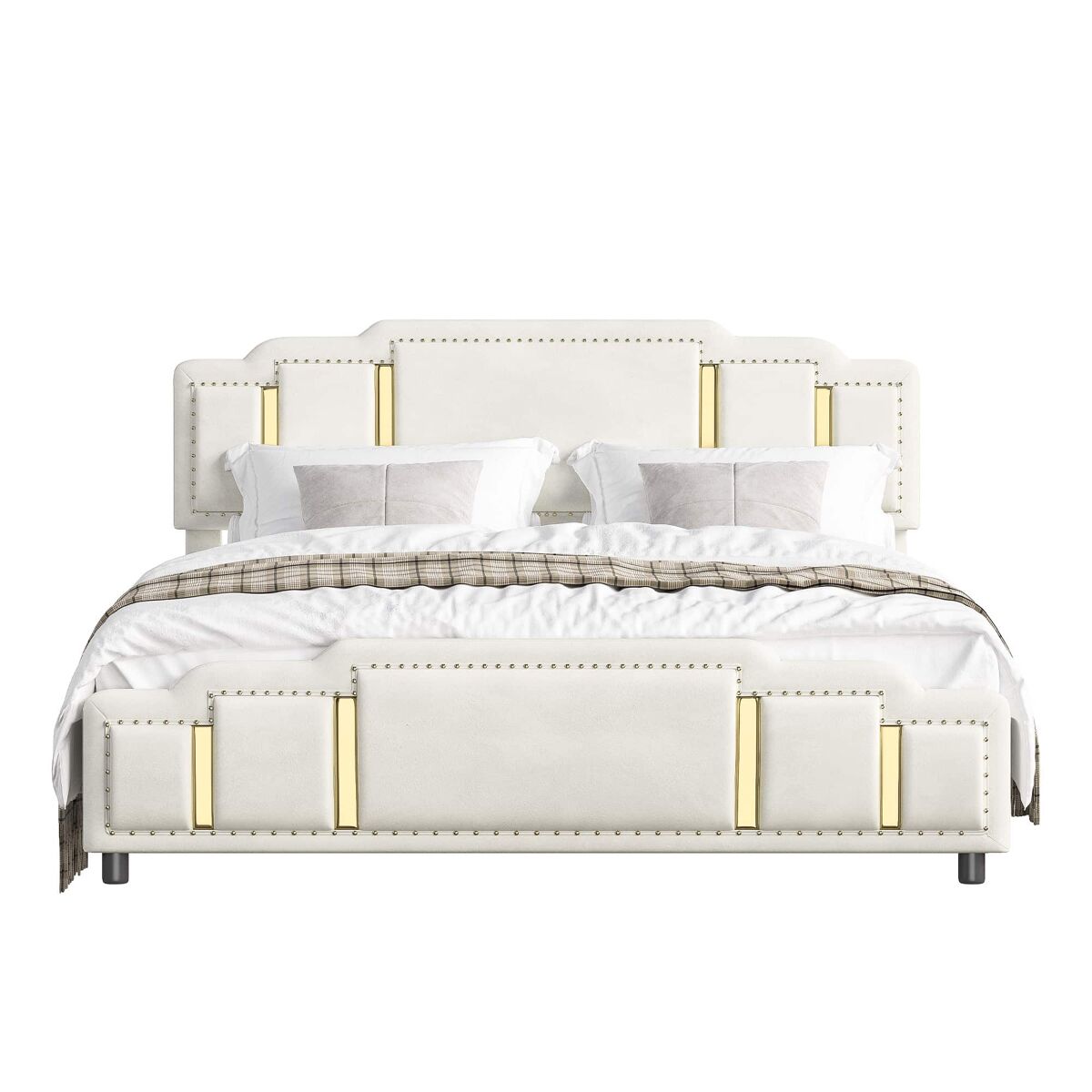 Cama tapizada 140×200 cm - terciopelo con cajones y ribetes dorados - beige