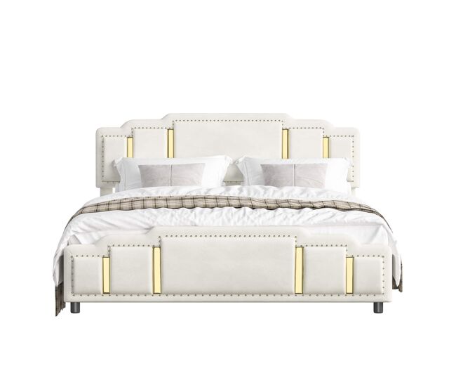 Cama tapizada 140×200 cm - terciopelo con cajones y ribetes dorados - beige