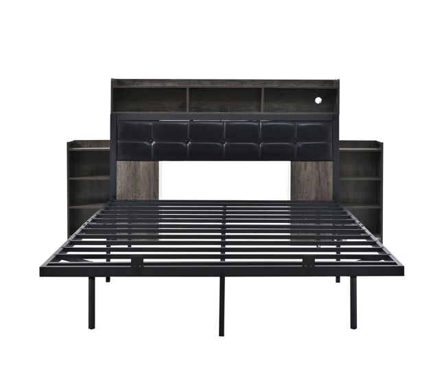 Cama doble 140x190 cm - con cabecero, 2 mesitas extraíbles, led, usb/tipo c, gris