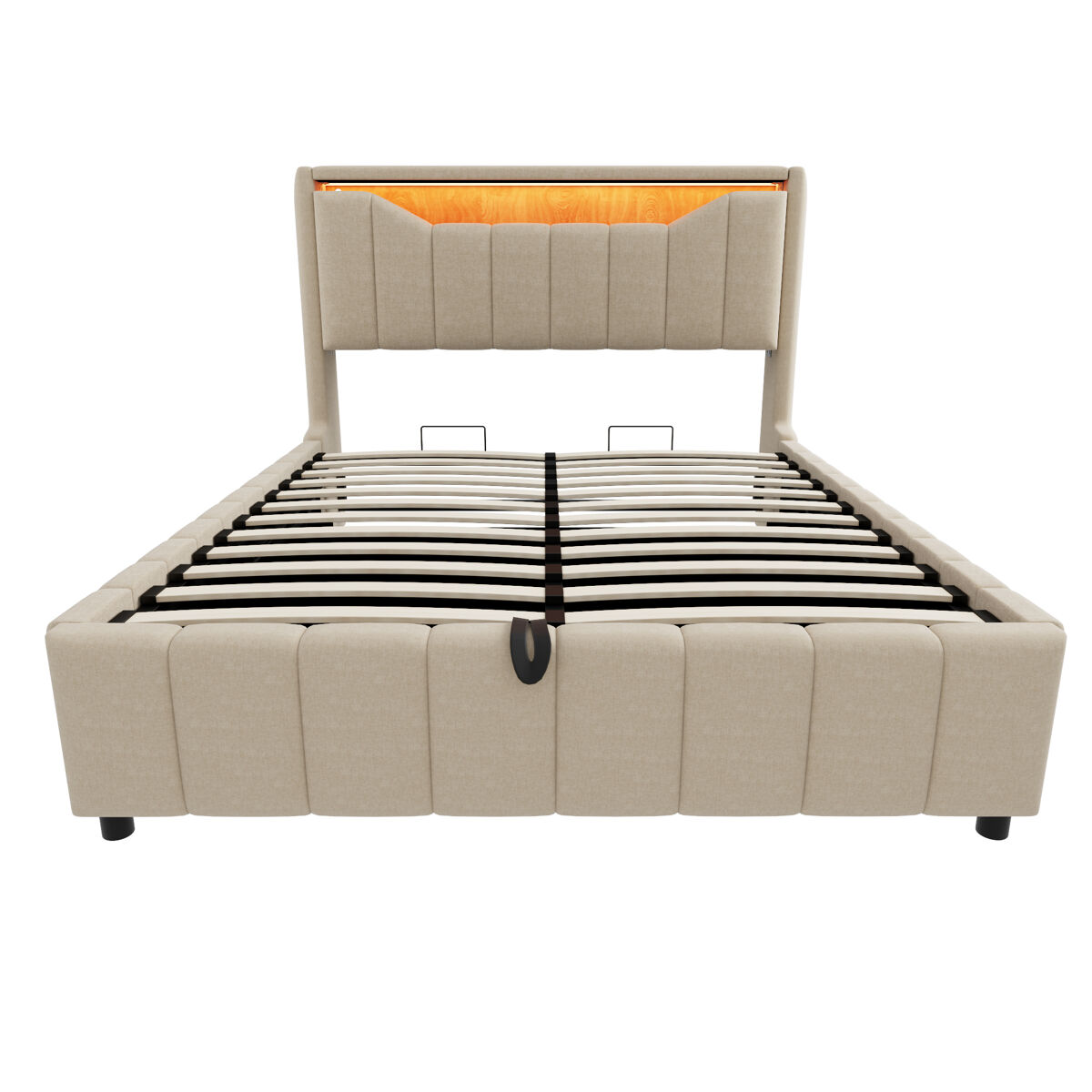Cama tapizada 140 x 200 cm - almacenamiento hidráulico bajo cama, cabecero led, puertos usb y usb-c, revestimiento de lino resistente al desgaste para