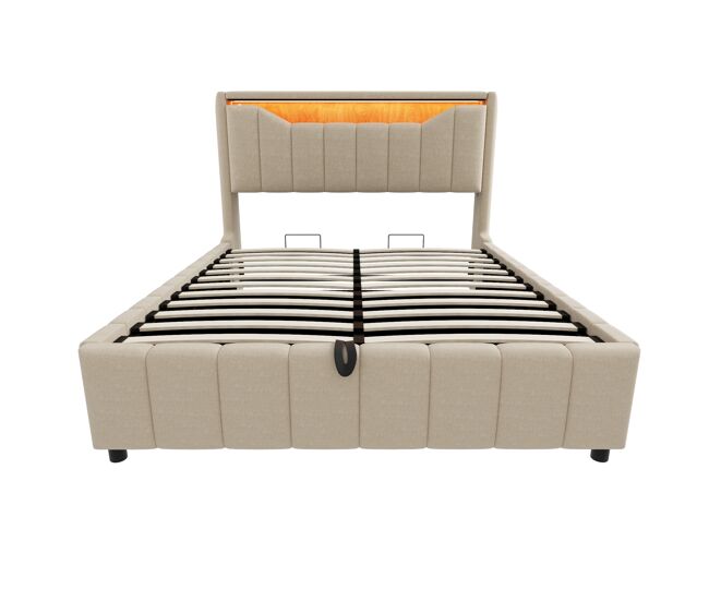 Cama tapizada 140 x 200 cm - almacenamiento hidráulico bajo cama, cabecero led, puertos usb y usb-c, revestimiento de lino resistente al desgaste para