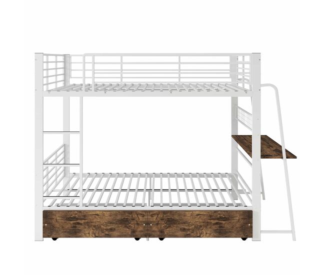 Cama alta 140×200 cm – escritorio, 2 cajones, led con sincronización musical, enchufe, barandilla y escalera, carga 250 kg – blanco