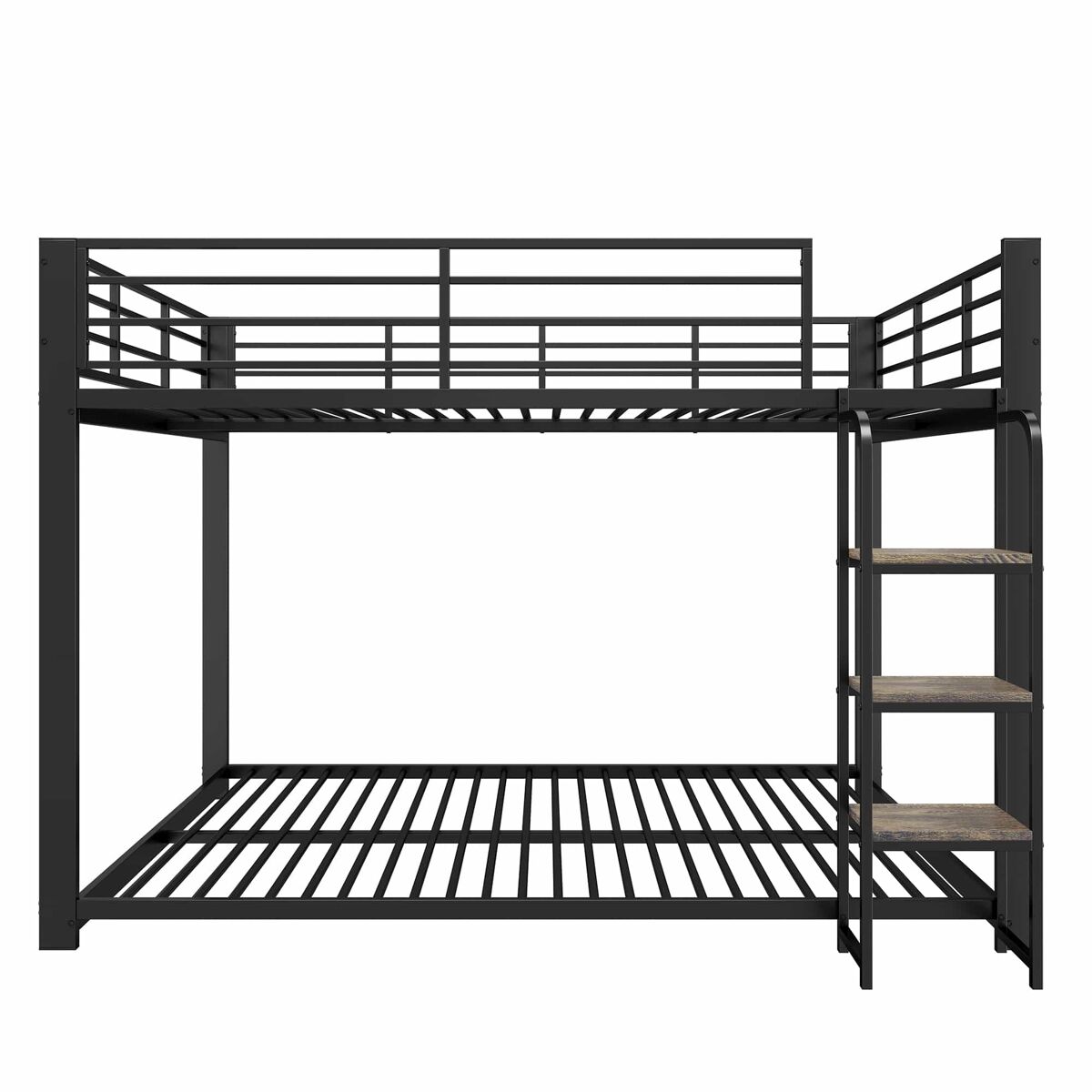 Cama alta 140×200 cm - estructura metálica con escalera de peldaños de madera y estantes para niños y adolescentes - negro
