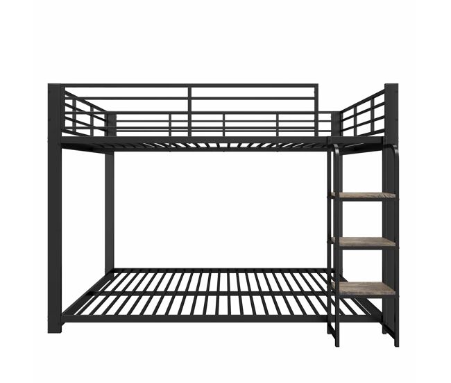 Cama alta 140×200 cm - estructura metálica con escalera de peldaños de madera y estantes para niños y adolescentes - negro