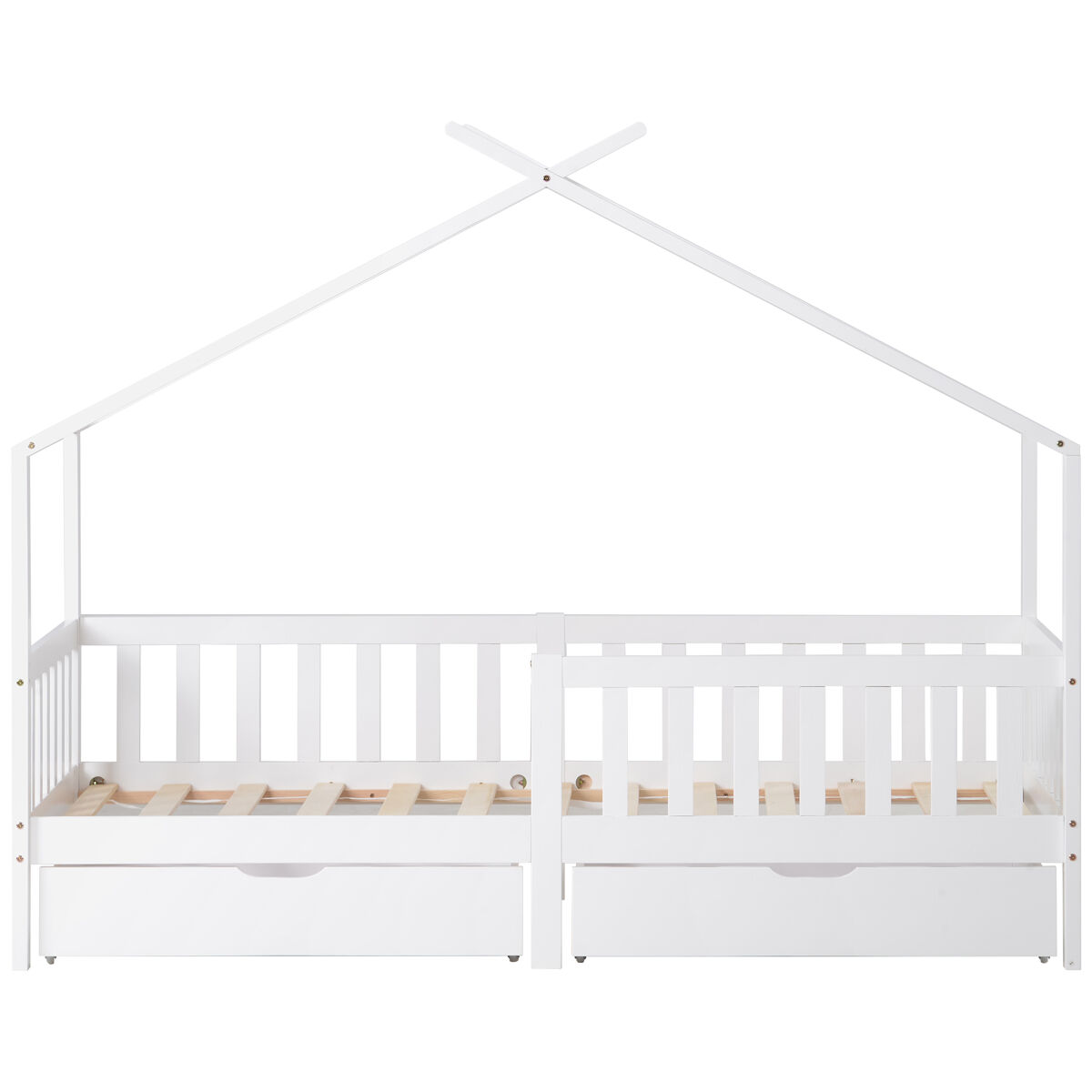 Cama casa 200x90 cm - cama infantil con 2 cajones, madera maciza, con valla y somier, con protección contra caídas - blanco