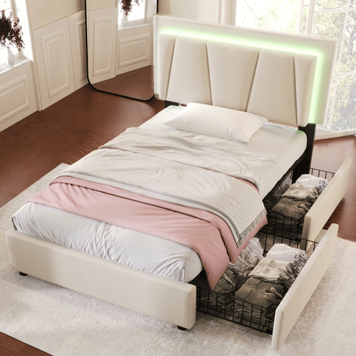 Cama estofada 90x200cm - Com LED, 2 gavetas, cabeceira ajustável, base de madeira, bege