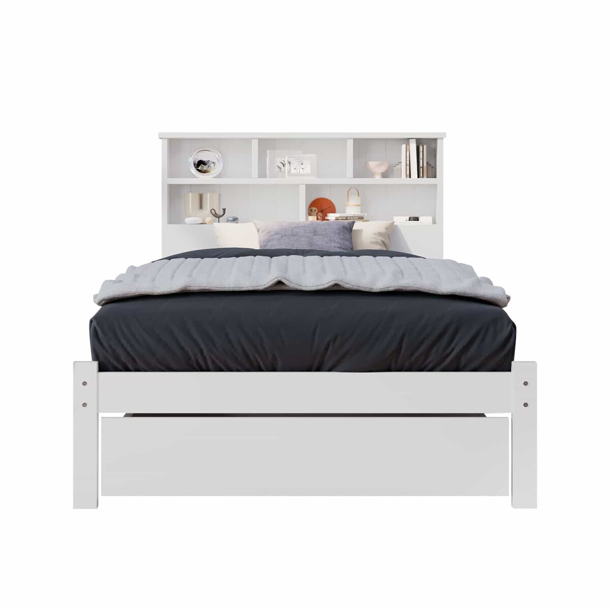Cama individual 90x200 cm - cama de madera maciza con cajones y somier, estantería, para jóvenes y adultos - blanco