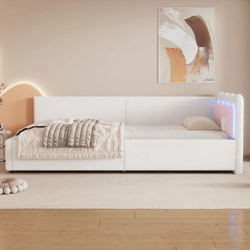 Cama Daybett 90x200 cm - Sofá-cama, luz ambiente LED com controlo remoto, cama com estrado (sem colchão), imitação de felpa - Branco Cama Daybett 90x200 cm - Sofá-cama, luz ambiente LED com controlo remoto, cama com estrado (sem colchão), imitação de felpa - Branco