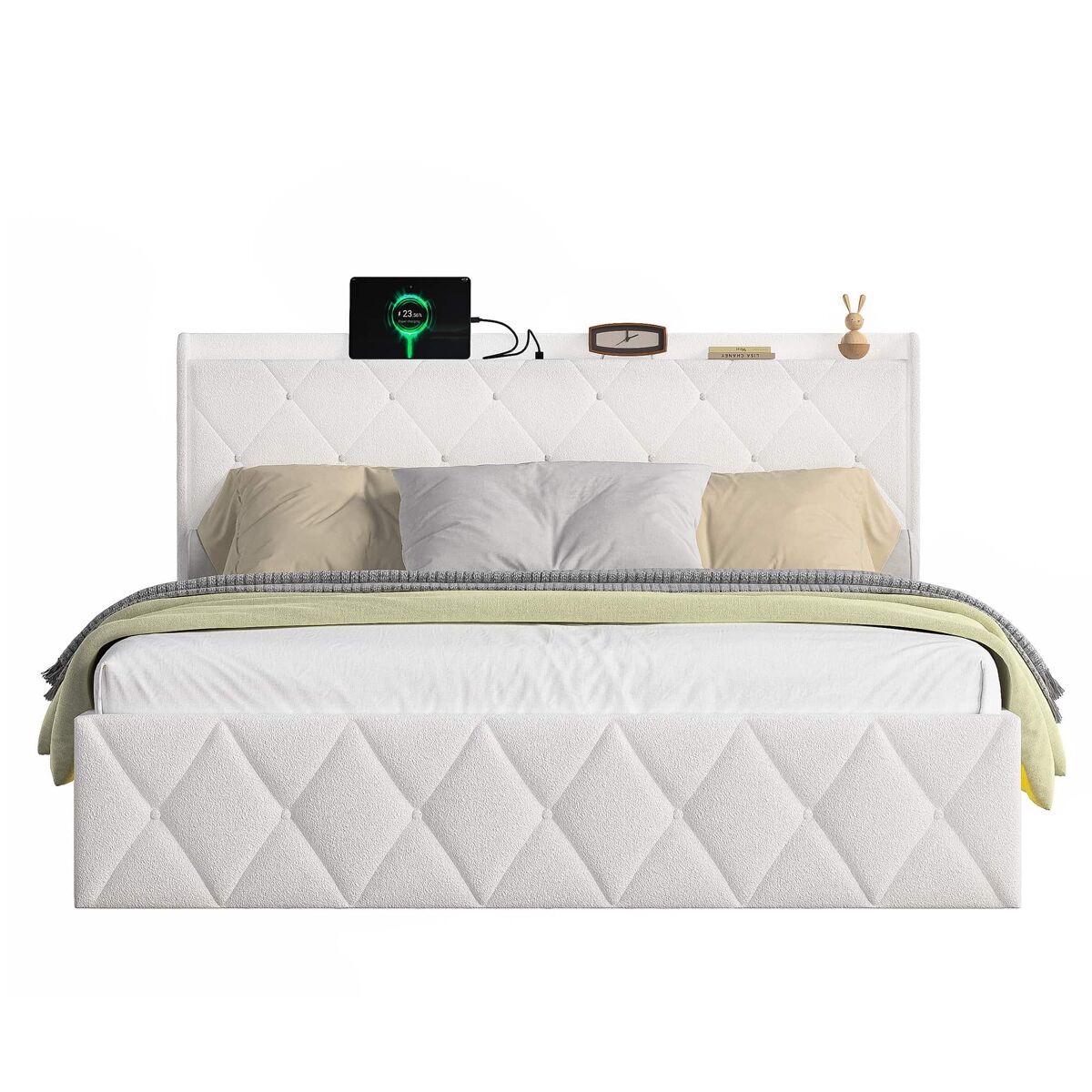Cama tapizada 140×200 cm - usb, led y 6 cajones, soporta 363 kg, sin colchón - blanco